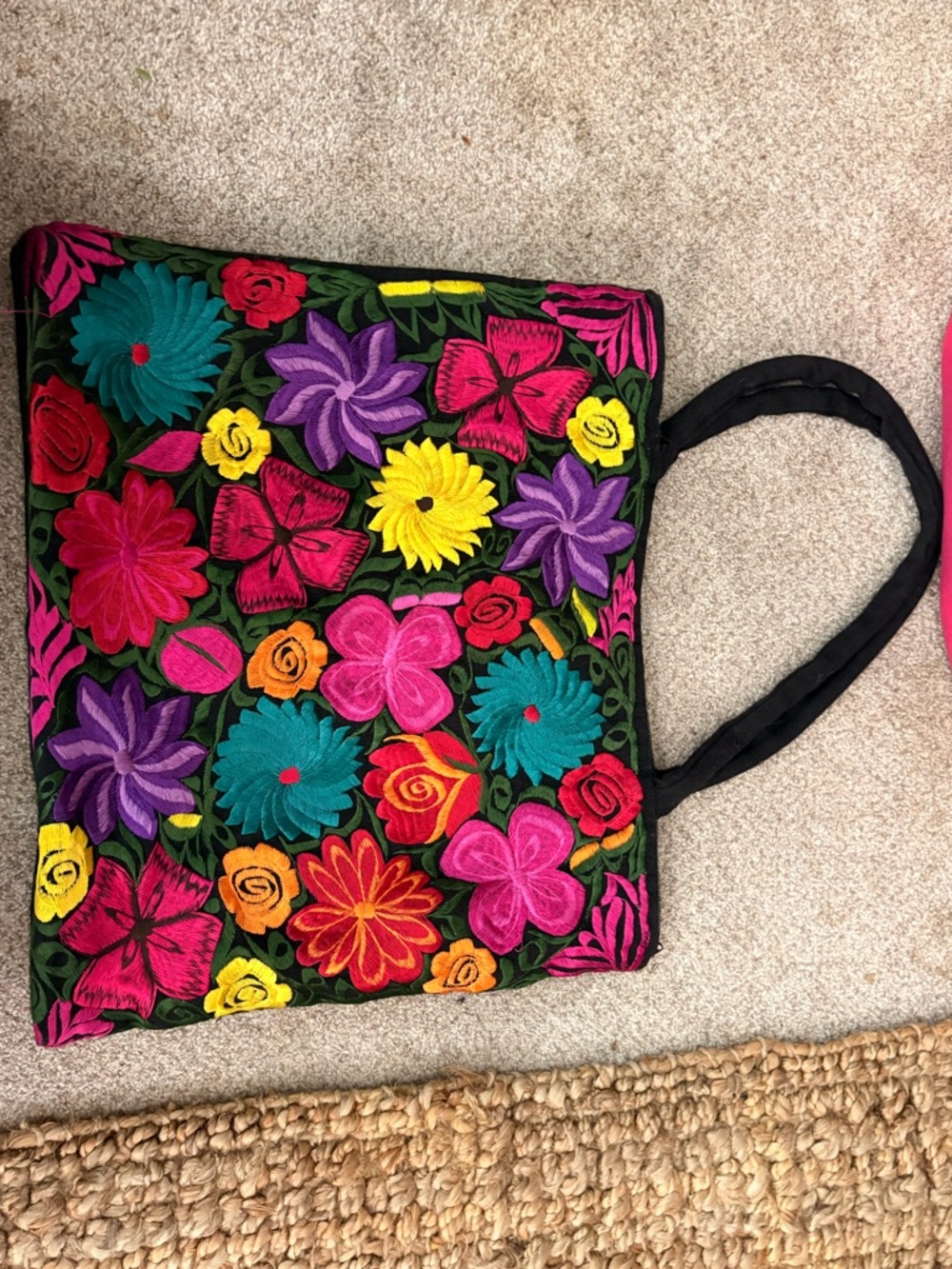 Colorful Floral Embroidered Tote Bag - Black Base, Multicolor Flowers
